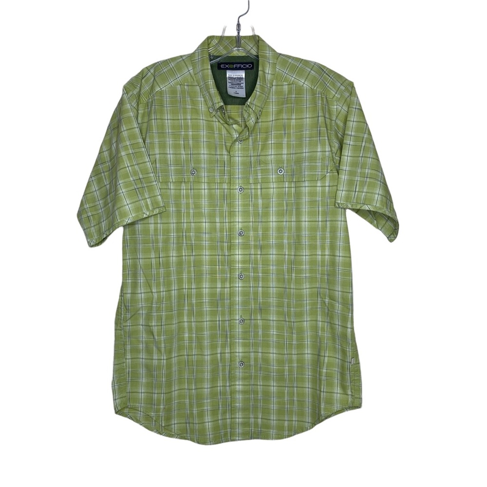 Exofficio Contour’d Short Sleeve Button Down Green Plaid Shirt Sz Small EUC